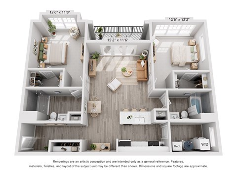 Floor plan for 2 beds, 2 baths, 1175 sqft